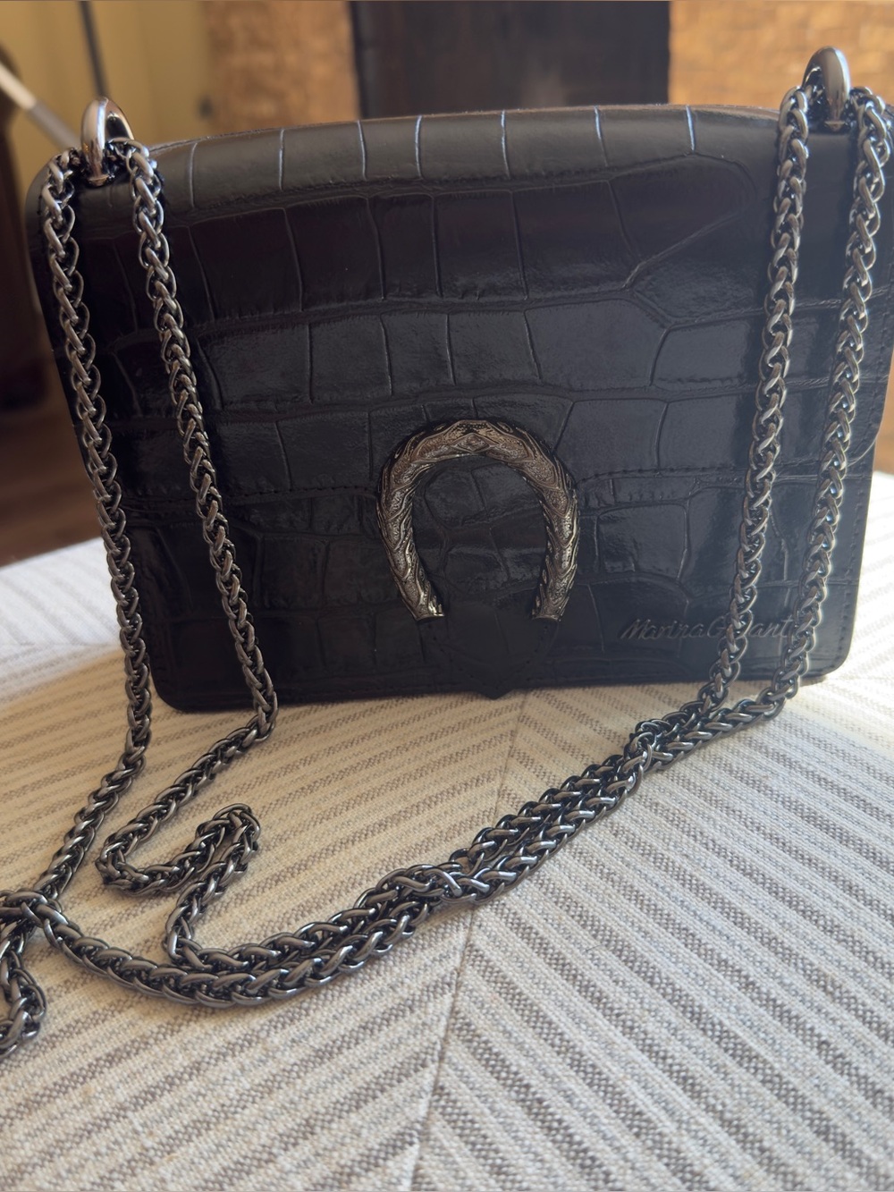 Marina Galanti Black Croc Embossed Leather Chain Crossbody Bag